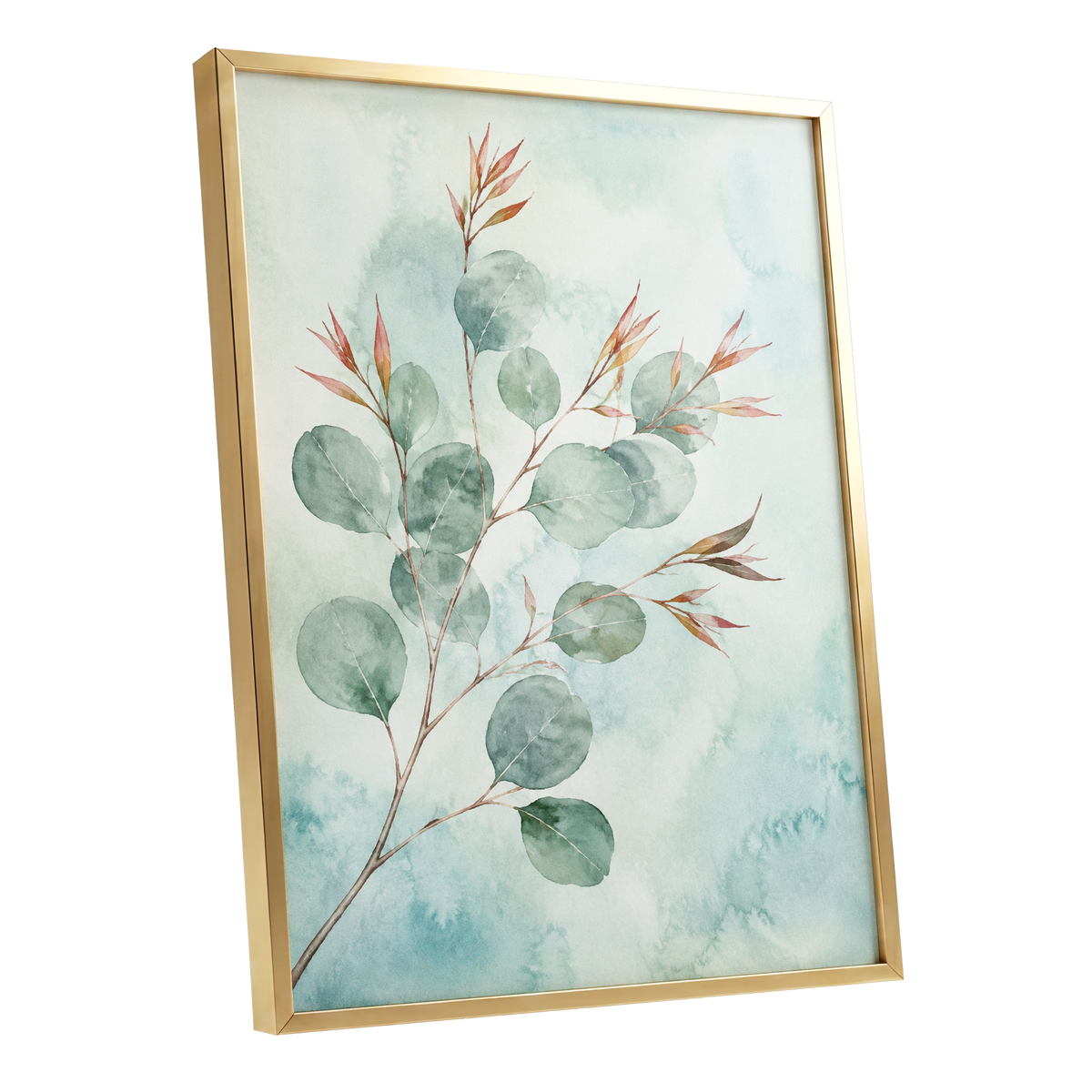 Sageleaf Serenade, green, blue, pink nature wall art shown as a gold framed poster wall art print