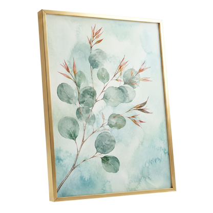 Sageleaf Serenade, green, blue, pink nature wall art shown as a gold framed poster wall art print