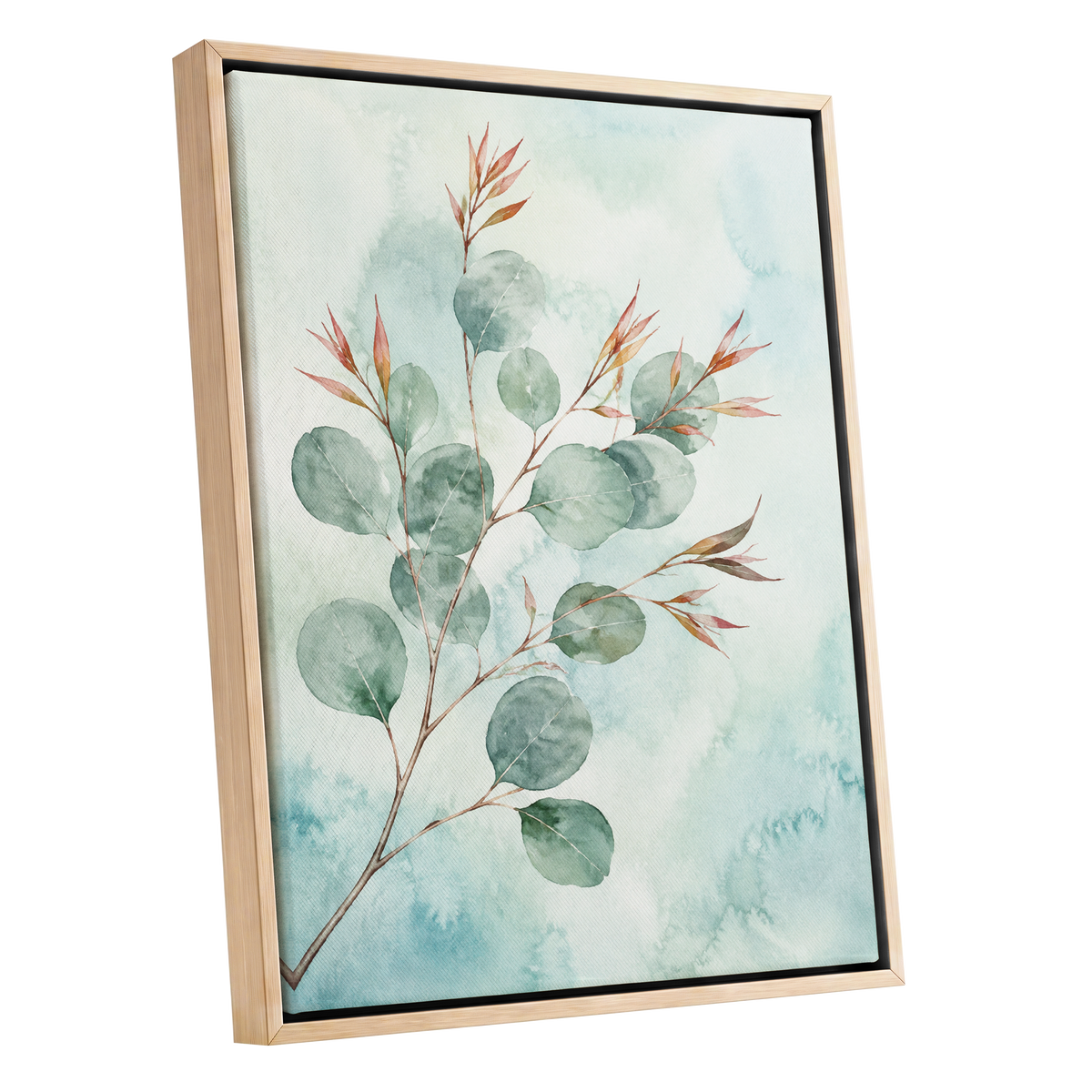 Sageleaf Serenade, green, blue, pink nature wall art shown as a oak framed canvas wall art