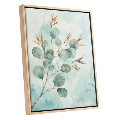 Sageleaf Serenade, green, blue, pink nature wall art shown as a oak framed canvas wall art