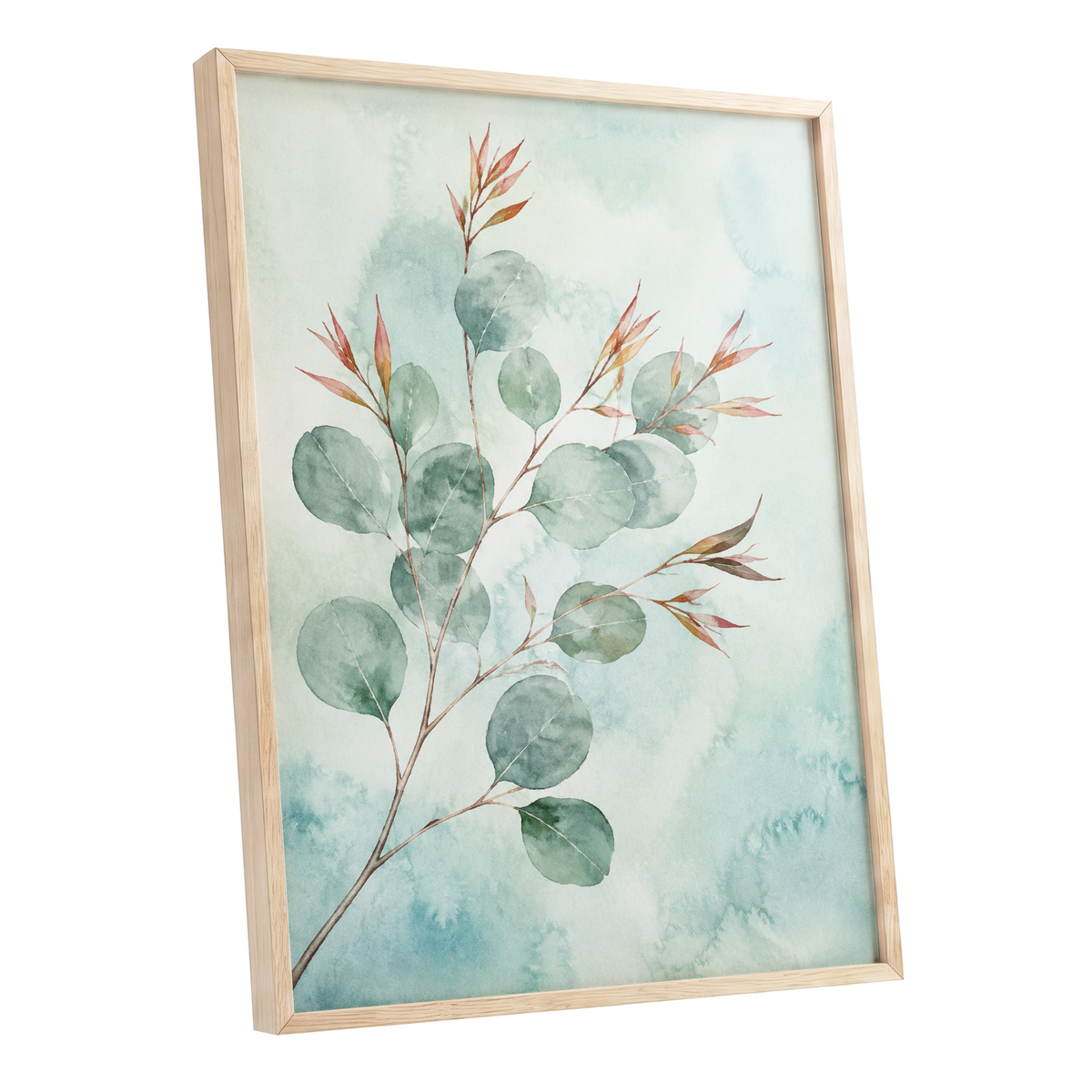 Sageleaf Serenade, green, blue, pink nature wall art shown as a oak framed poster wall art print