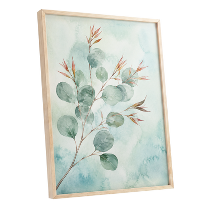 Sageleaf Serenade, green, blue, pink nature wall art shown as a oak framed poster wall art print