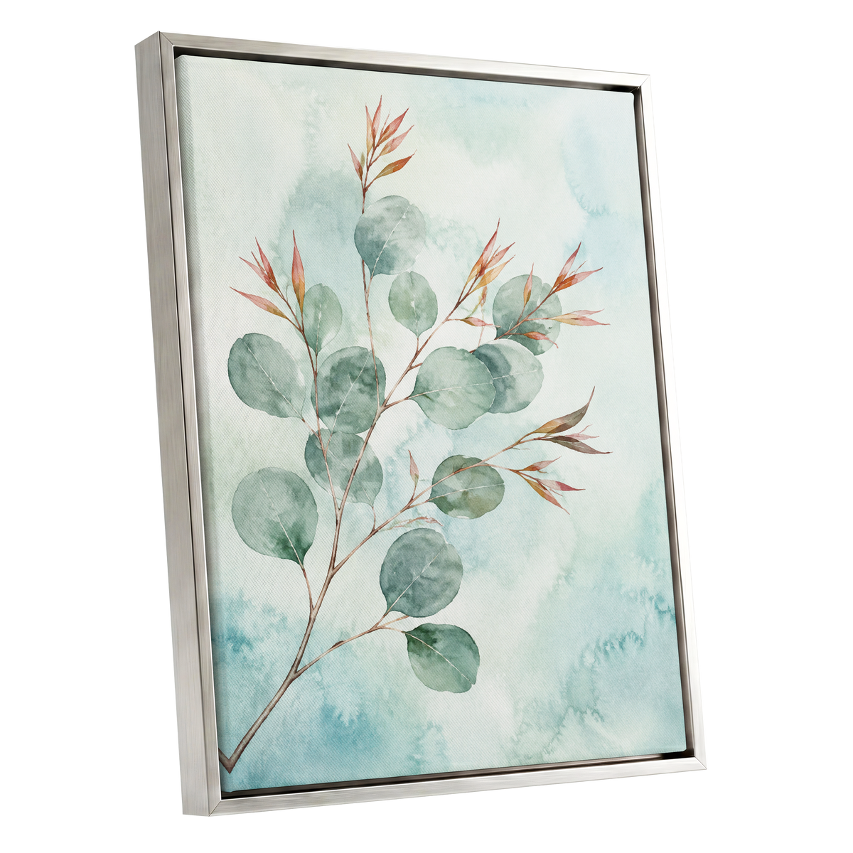 Sageleaf Serenade, green, blue, pink nature wall art shown as a silver framed canvas wall art