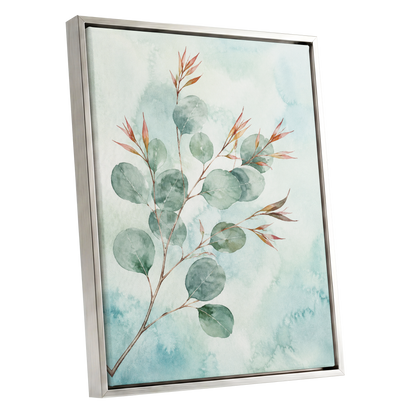 Sageleaf Serenade, green, blue, pink nature wall art shown as a silver framed canvas wall art
