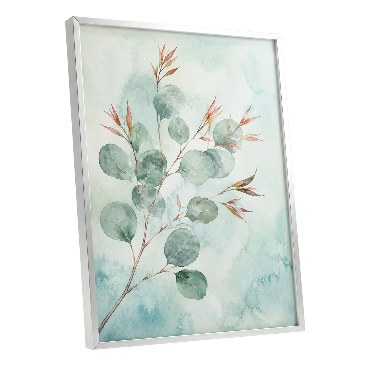 Sageleaf Serenade, green, blue, pink nature wall art shown as a silver framed poster wall art print