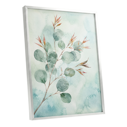 Sageleaf Serenade, green, blue, pink nature wall art shown as a silver framed poster wall art print