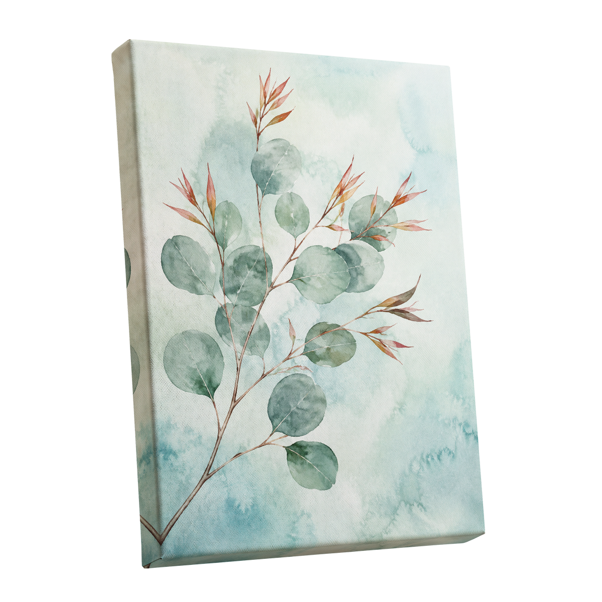 Sageleaf Serenade, green, blue, pink nature wall art shown as a stretched canvas wall art