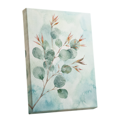 Sageleaf Serenade, green, blue, pink nature wall art shown as a stretched canvas wall art