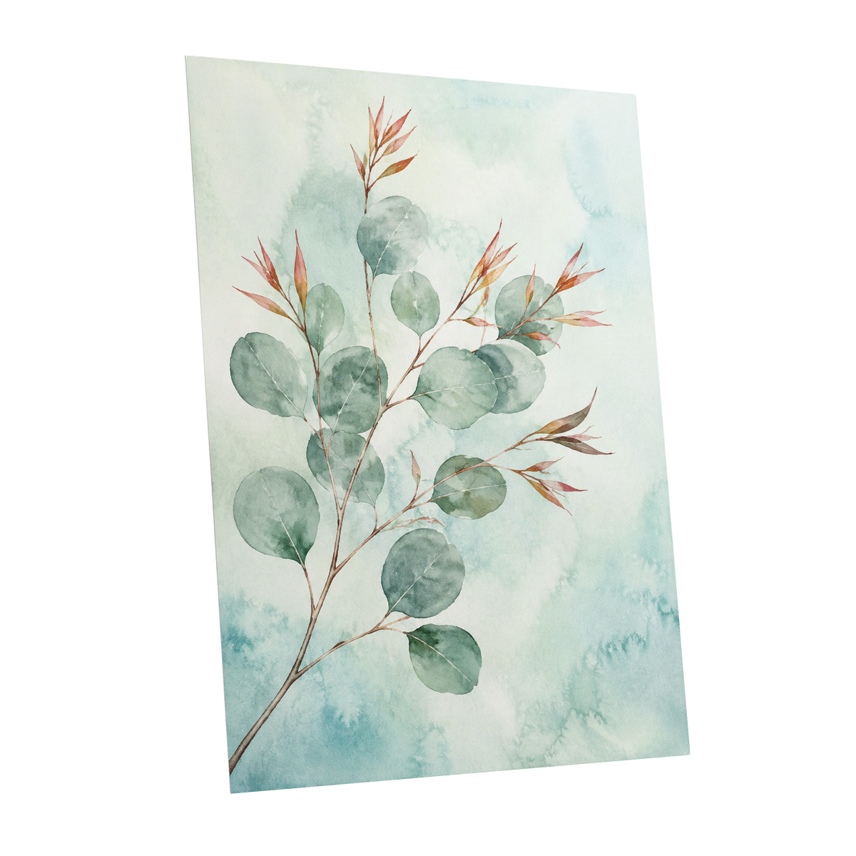 Sageleaf Serenade, green, blue, pink nature wall art shown as a unframed poster wall art print