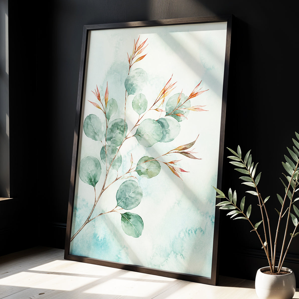 Sageleaf Serenade, green, blue, pink nature wall art displayed in a styled interior, gallery view 2