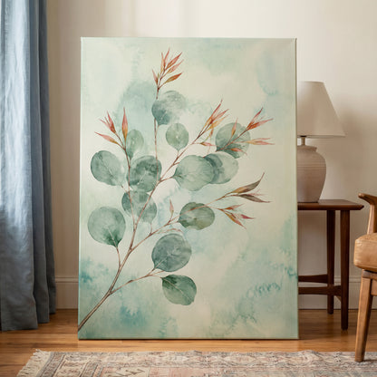 Sageleaf Serenade, green, blue, pink nature wall art displayed in a styled interior, gallery view 3