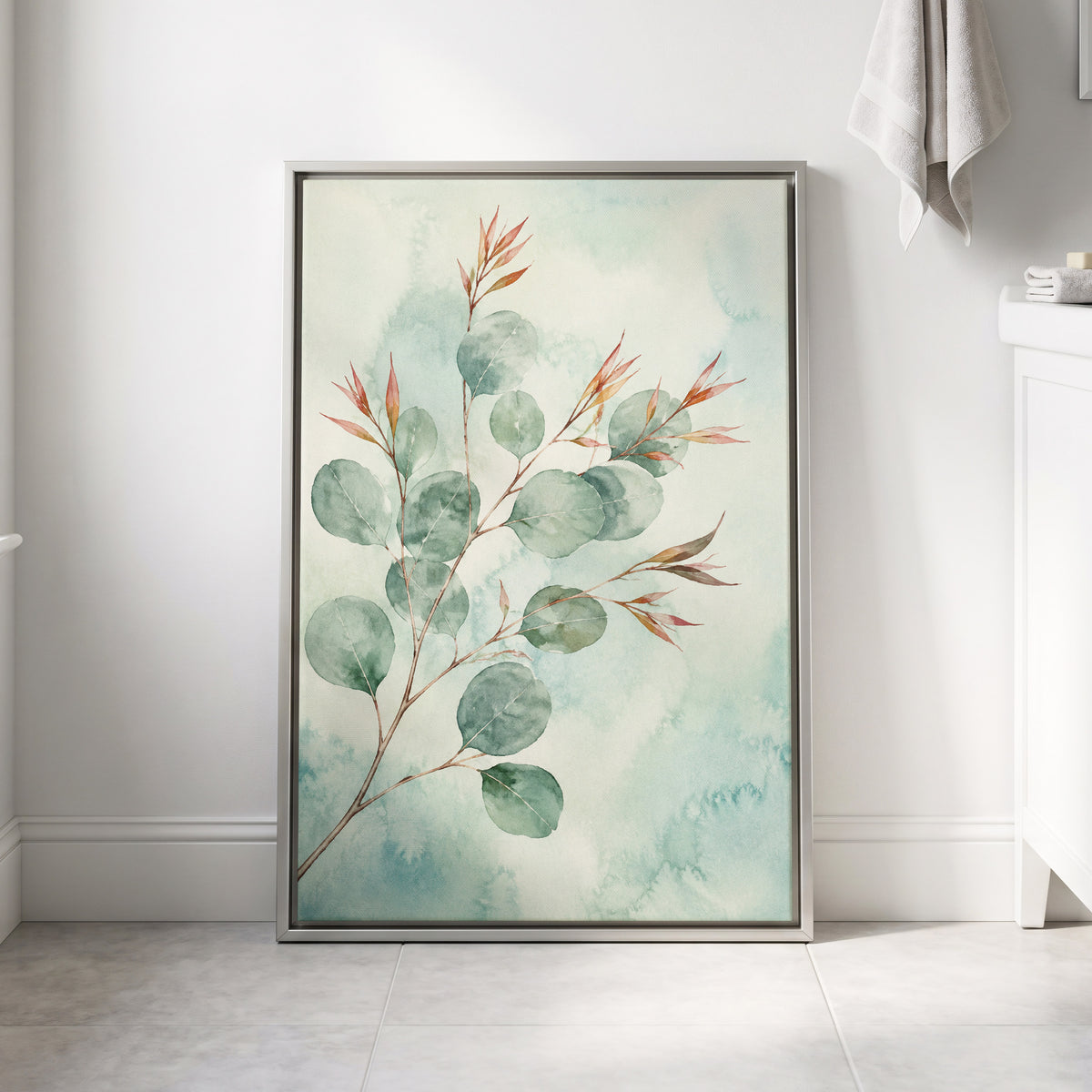 Sageleaf Serenade, green, blue, pink nature wall art displayed in a styled interior, gallery view 4