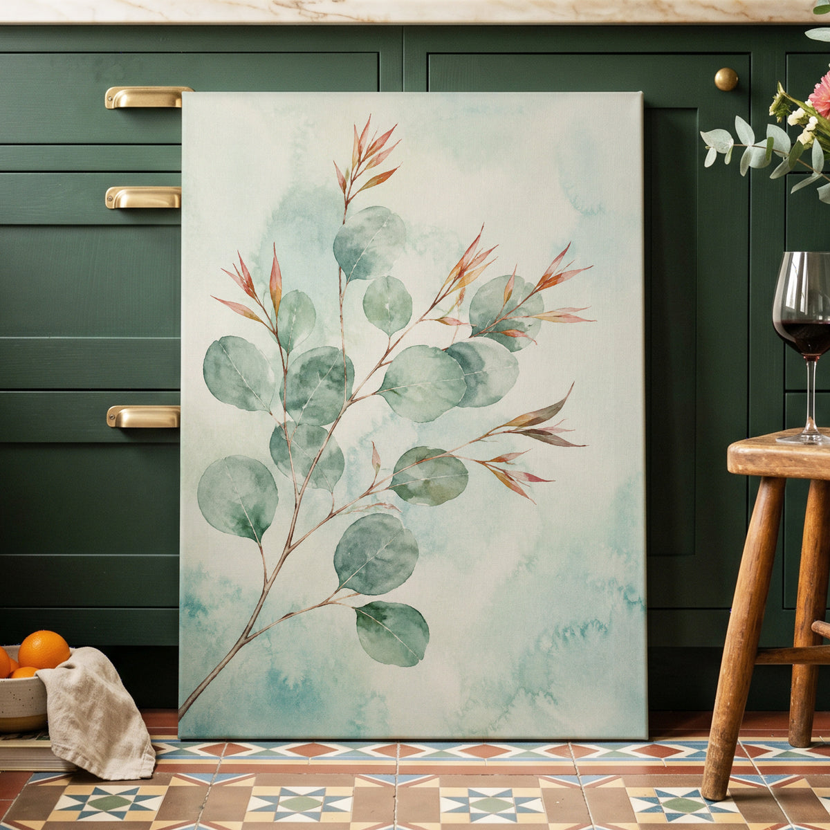 Sageleaf Serenade, green, blue, pink nature wall art displayed in a styled interior, gallery view 7