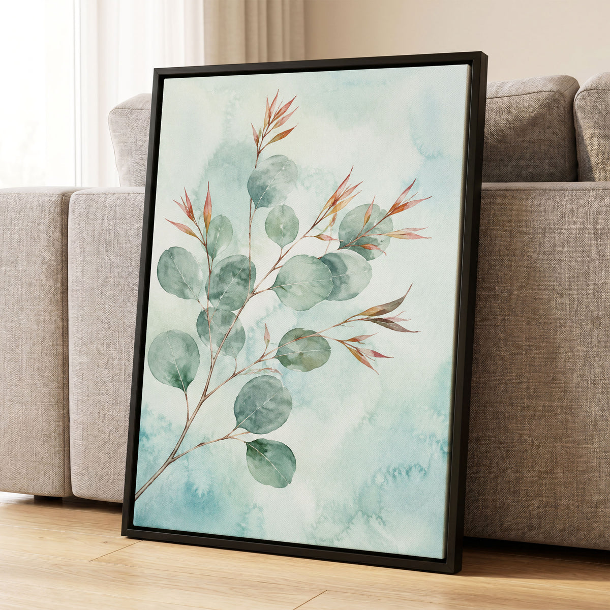 Sageleaf Serenade, green, blue, pink nature wall art displayed in a styled interior, gallery view 8