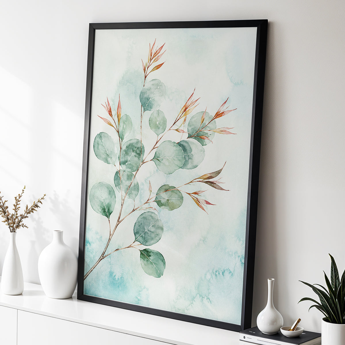 Sageleaf Serenade, green, blue, pink nature wall art displayed in a styled interior, gallery view 9