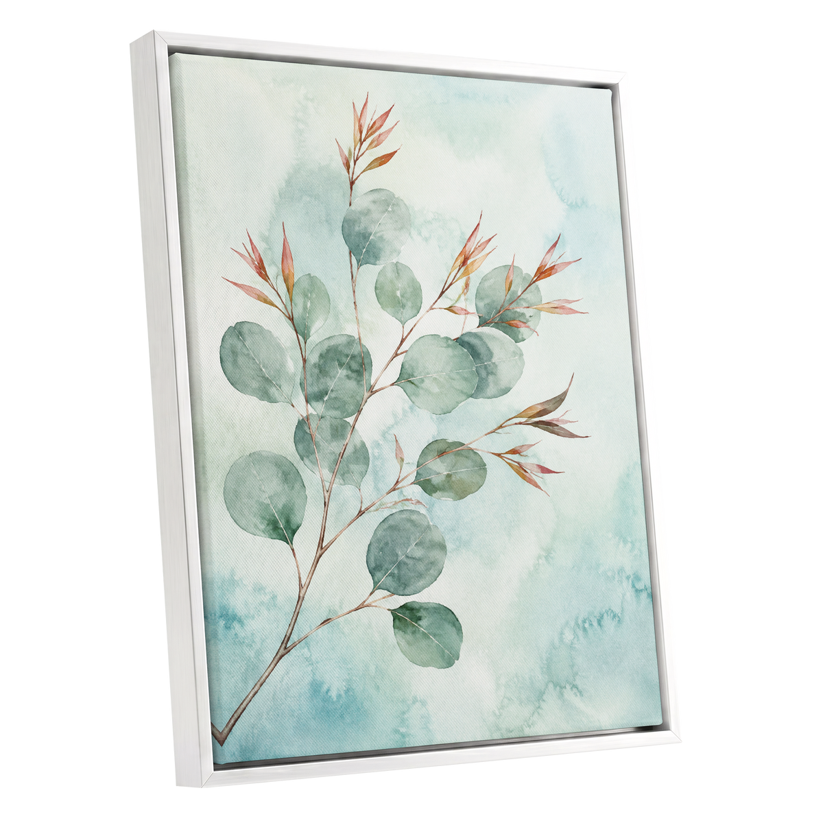 Sageleaf Serenade, green, blue, pink nature wall art shown as a white framed canvas wall art