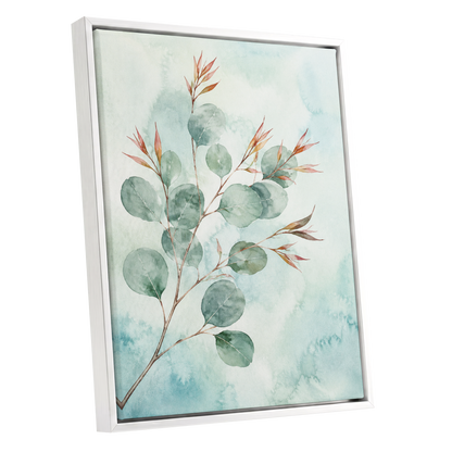 Sageleaf Serenade, green, blue, pink nature wall art shown as a white framed canvas wall art