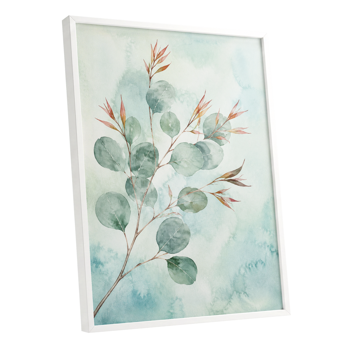Sageleaf Serenade, green, blue, pink nature wall art shown as a white framed poster wall art print
