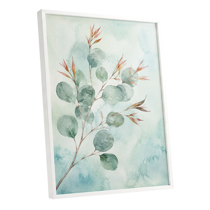 Sageleaf Serenade, green, blue, pink nature wall art shown as a white framed poster wall art print