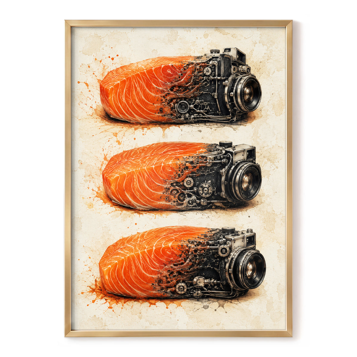 Salmon Shutter Trio, orange, black, beige abstract wall art, front artwork view