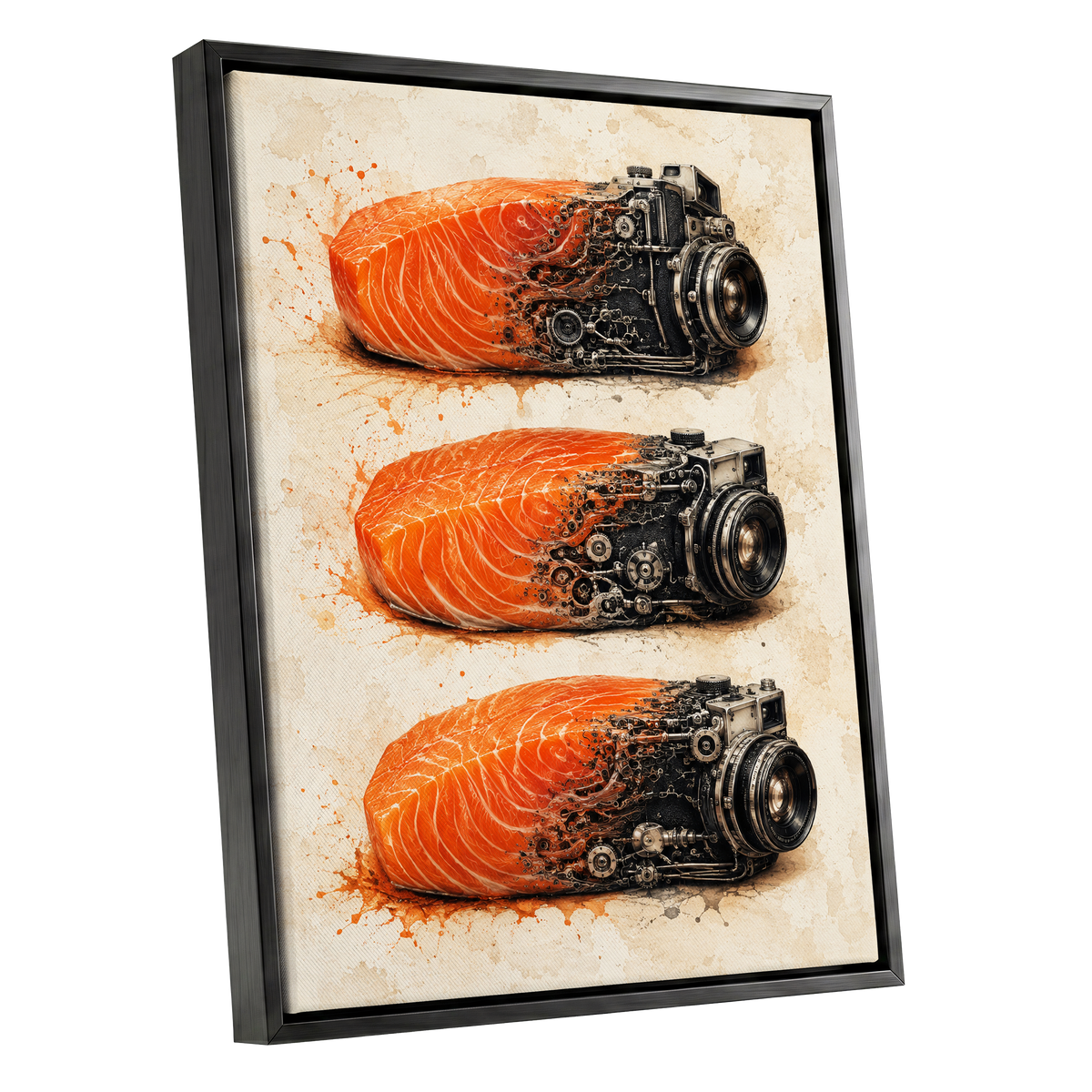 Salmon Shutter Trio, orange, black, beige abstract wall art shown as a black framed canvas wall art