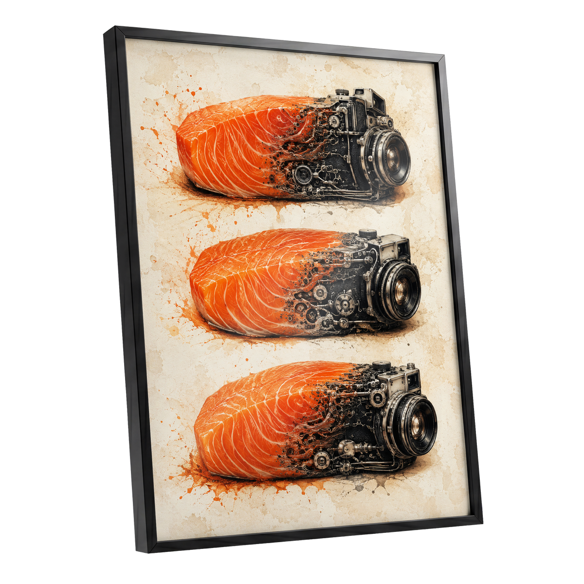 Salmon Shutter Trio, orange, black, beige abstract wall art shown as a black framed poster wall art print
