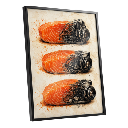 Salmon Shutter Trio, orange, black, beige abstract wall art shown as a black framed poster wall art print