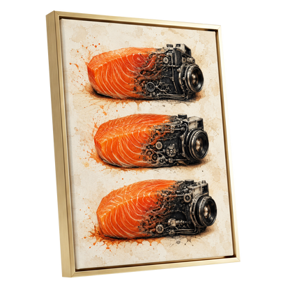 Salmon Shutter Trio, orange, black, beige abstract wall art shown as a gold framed canvas wall art