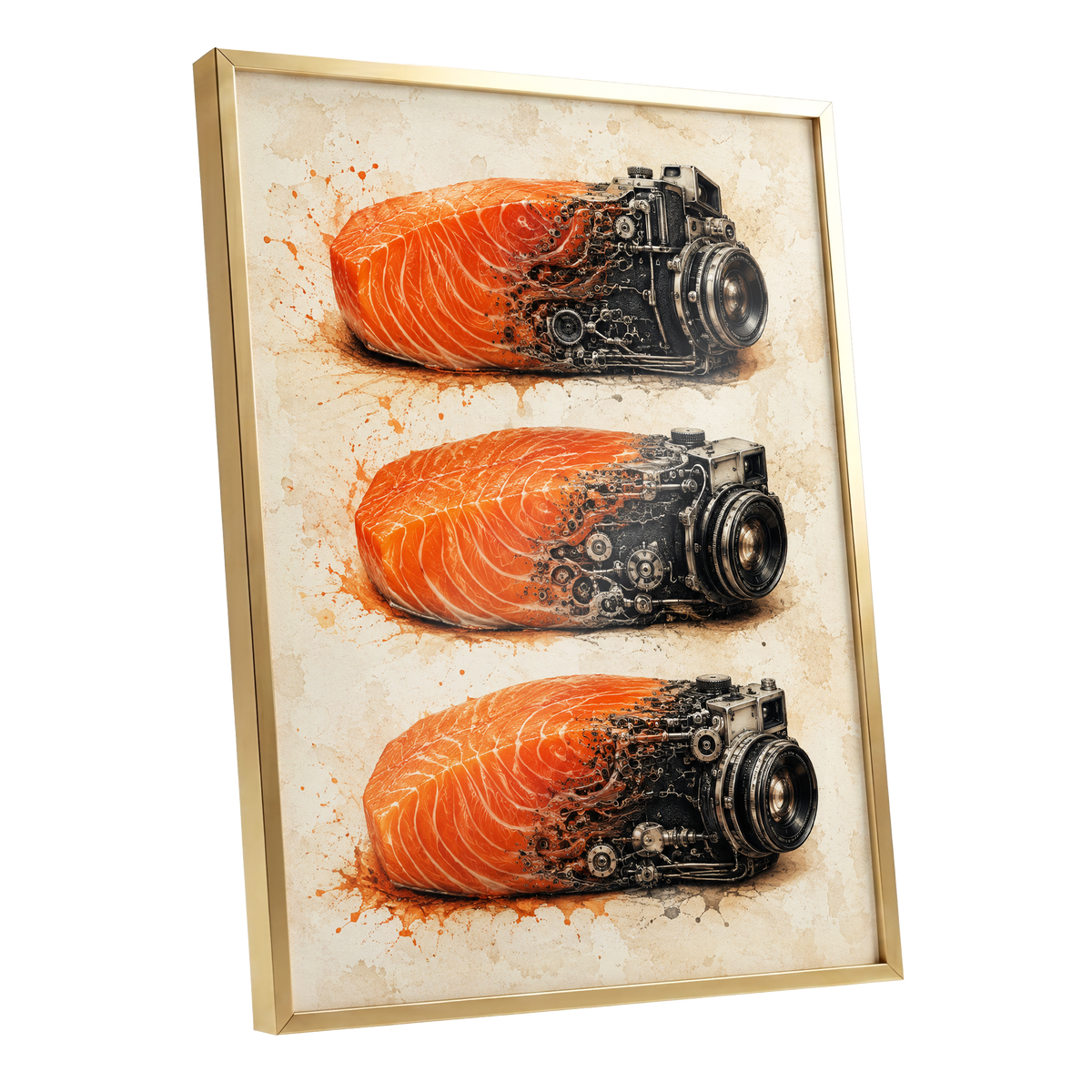 Salmon Shutter Trio, orange, black, beige abstract wall art shown as a gold framed poster wall art print