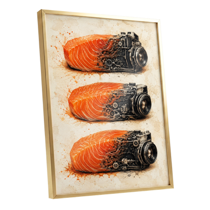 Salmon Shutter Trio, orange, black, beige abstract wall art shown as a gold framed poster wall art print