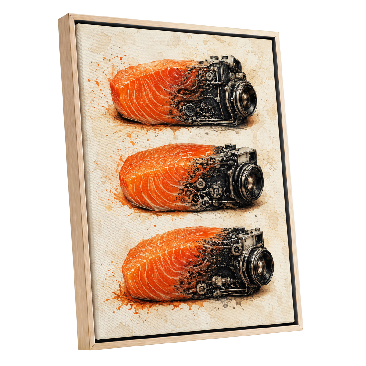 Salmon Shutter Trio, orange, black, beige abstract wall art shown as a oak framed canvas wall art