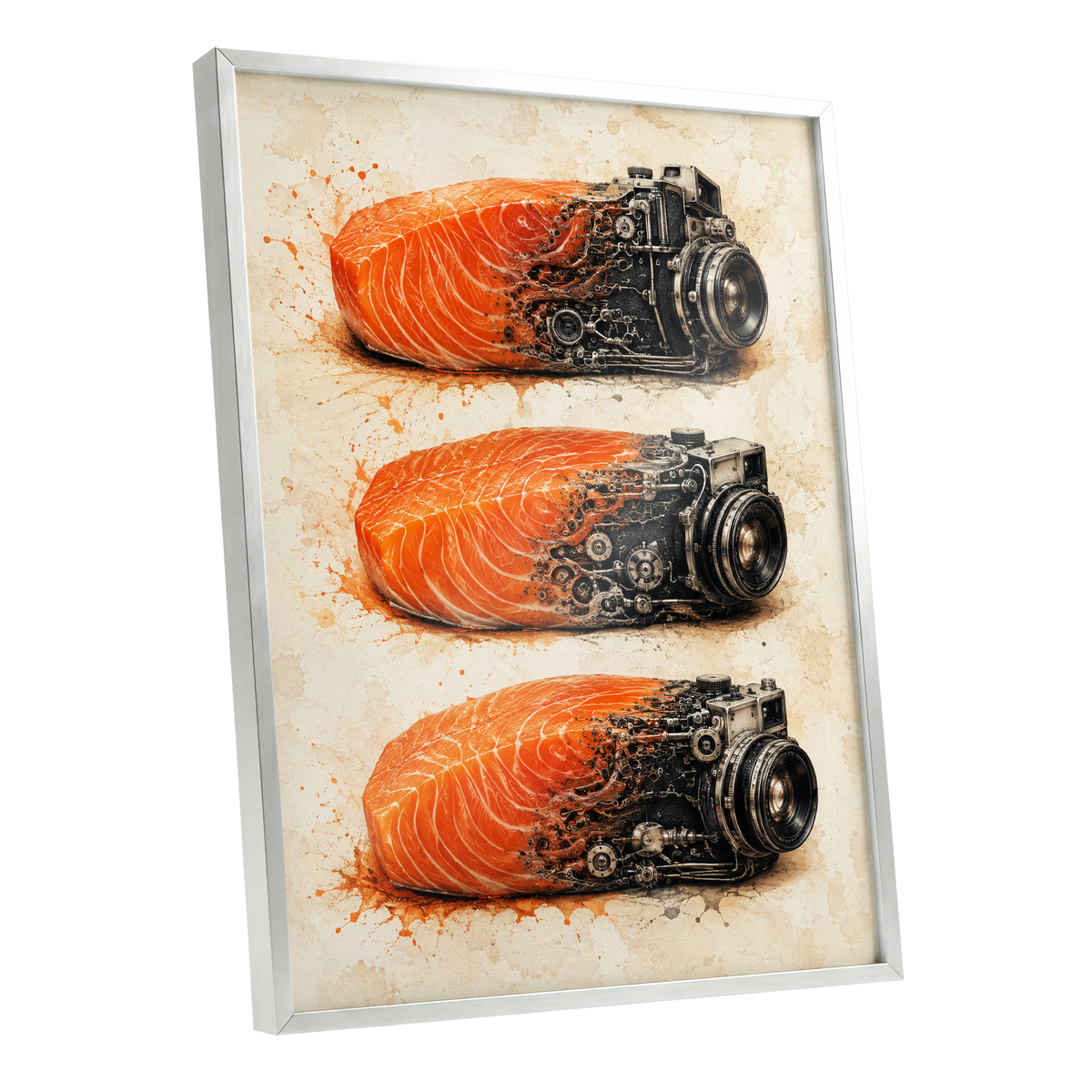 Salmon Shutter Trio, orange, black, beige abstract wall art shown as a silver framed poster wall art print