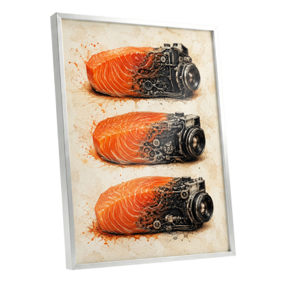 Salmon Shutter Trio, orange, black, beige abstract wall art shown as a silver framed poster wall art print