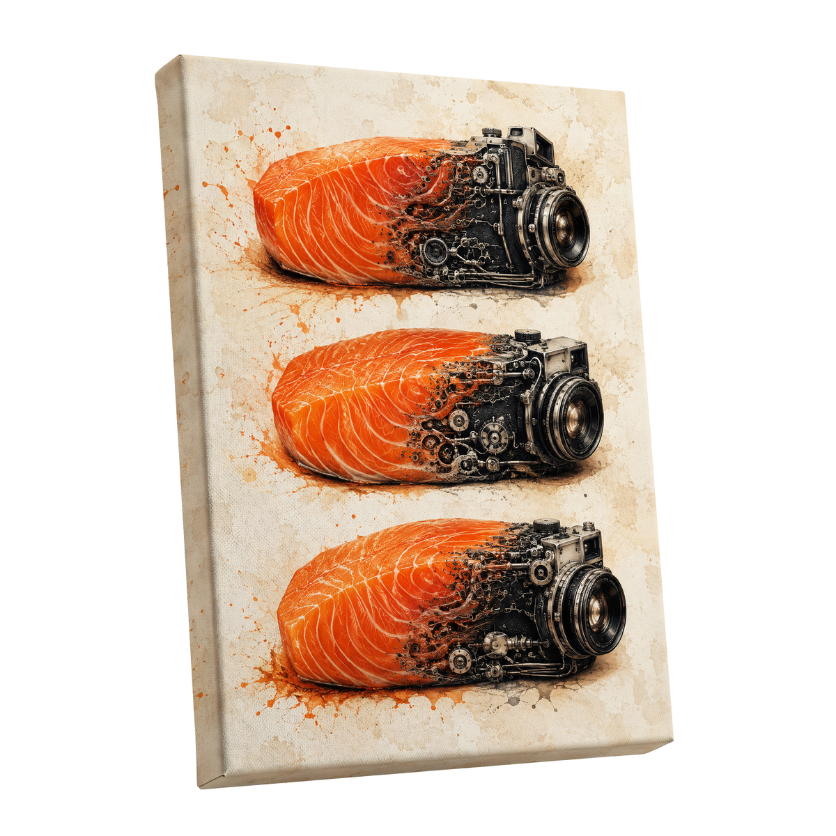 Salmon Shutter Trio, orange, black, beige abstract wall art shown as a stretched canvas wall art