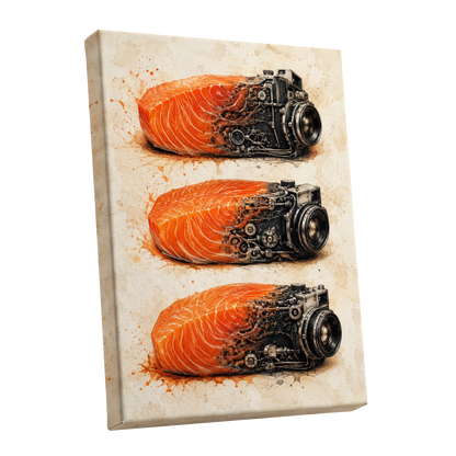 Salmon Shutter Trio, orange, black, beige abstract wall art shown as a stretched canvas wall art