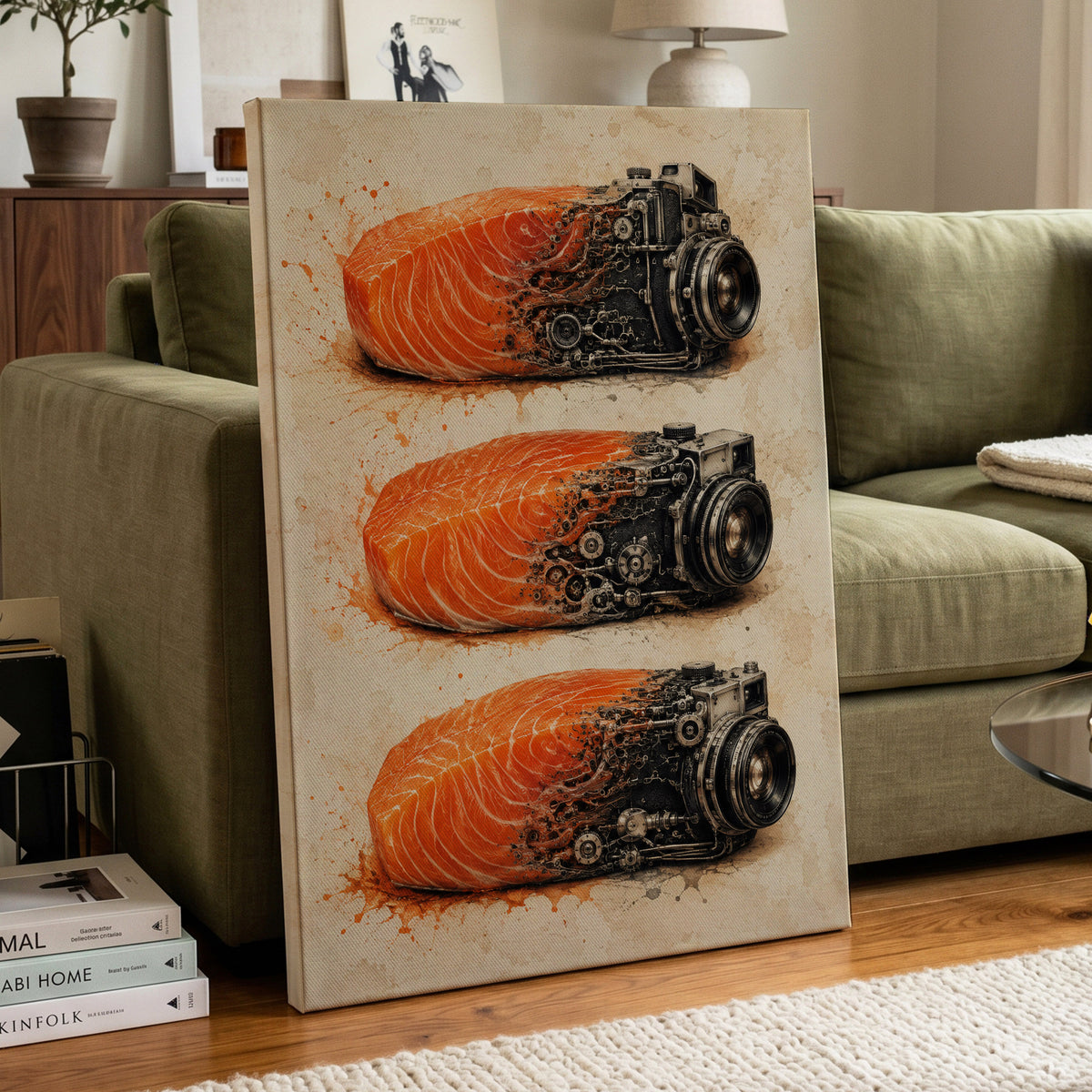Salmon Shutter Trio, orange, black, beige abstract wall art displayed in a styled interior, gallery view 3
