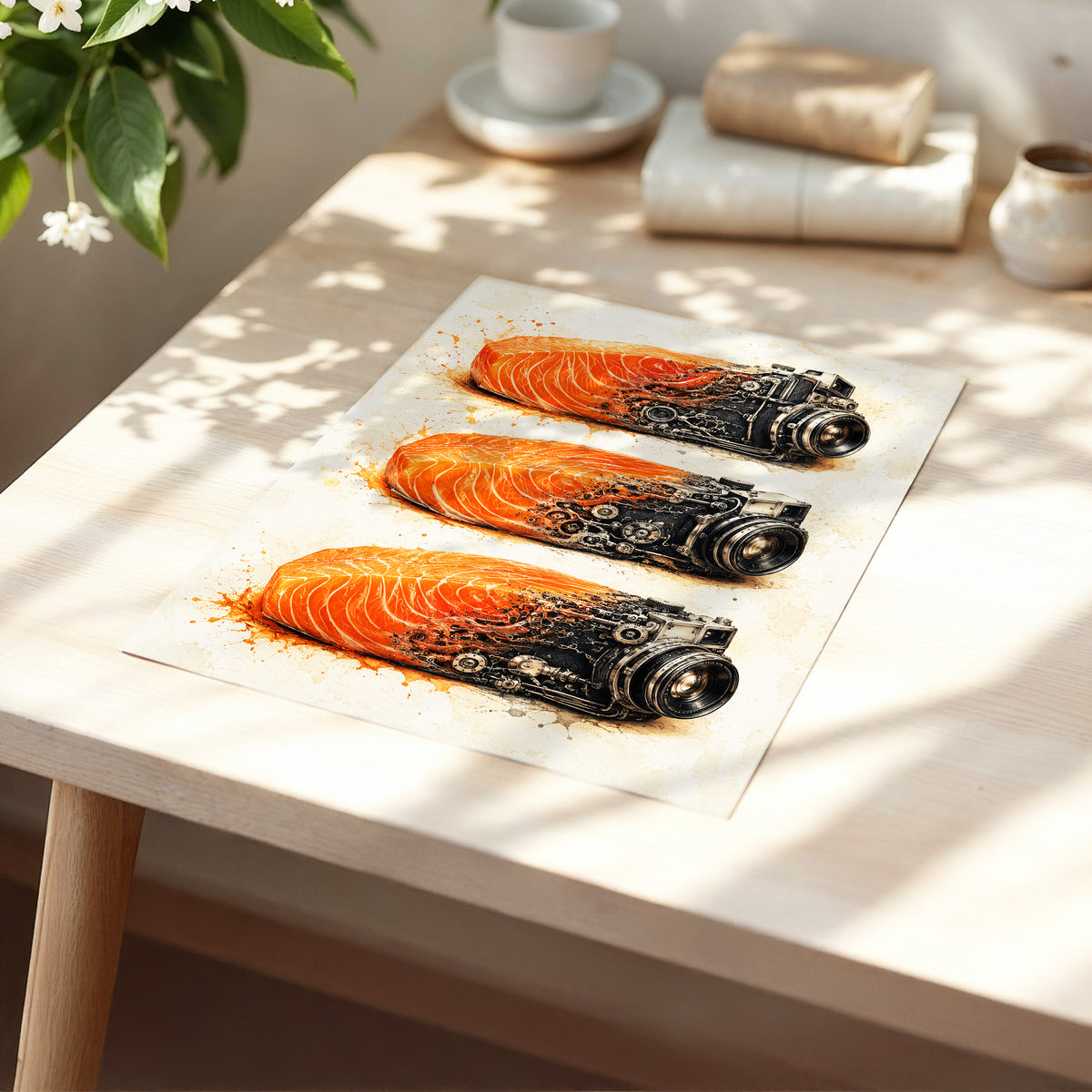 Salmon Shutter Trio, orange, black, beige abstract wall art displayed in a styled interior, gallery view 5