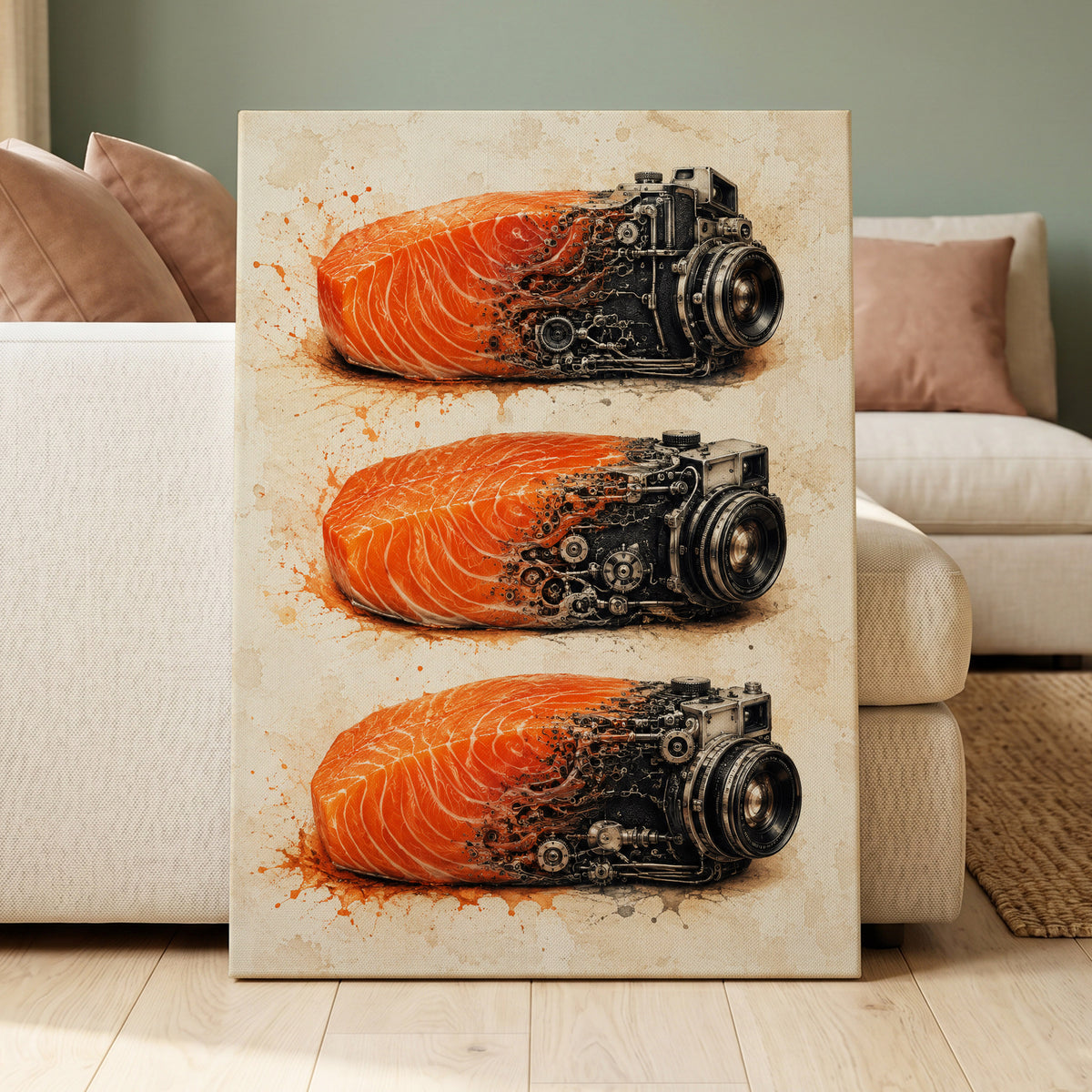Salmon Shutter Trio, orange, black, beige abstract wall art displayed in a styled interior, gallery view 7