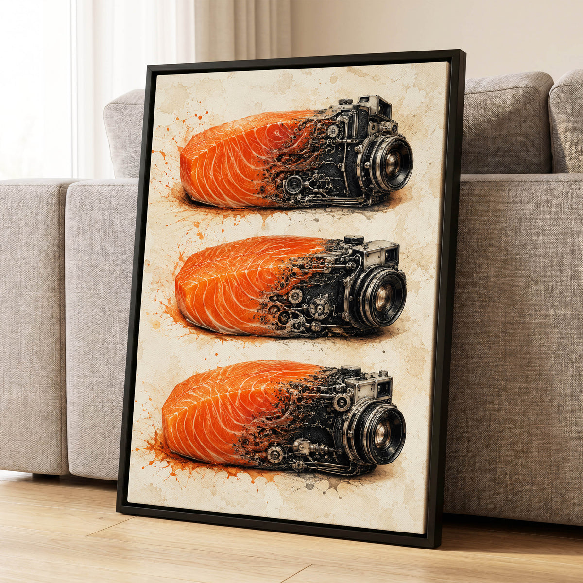 Salmon Shutter Trio, orange, black, beige abstract wall art displayed in a styled interior, gallery view 8