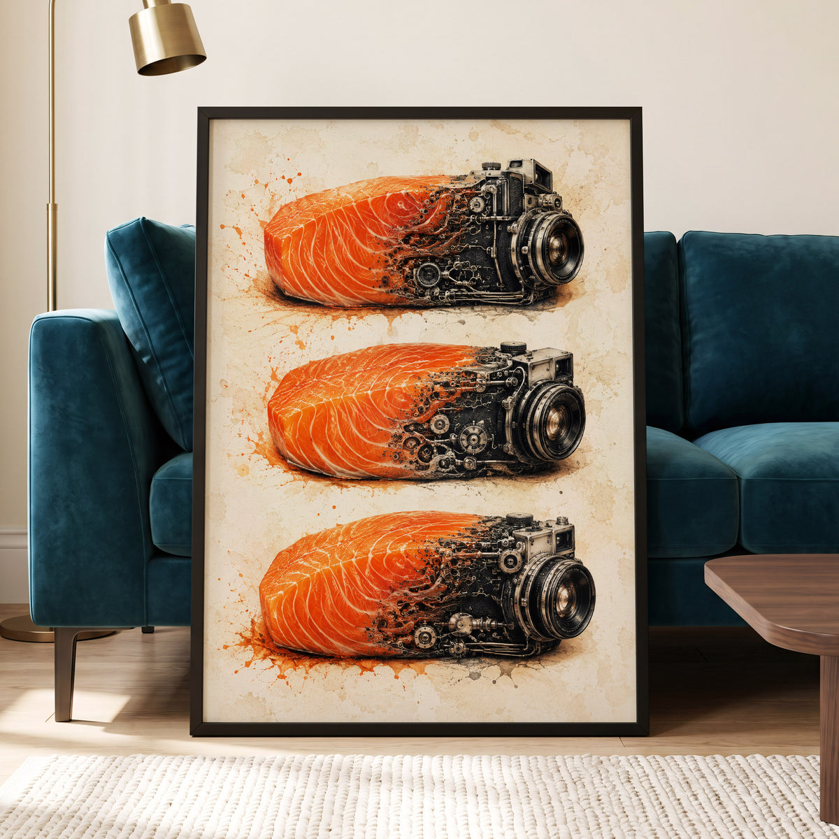 Salmon Shutter Trio, orange, black, beige abstract wall art displayed in a styled interior, gallery view 9