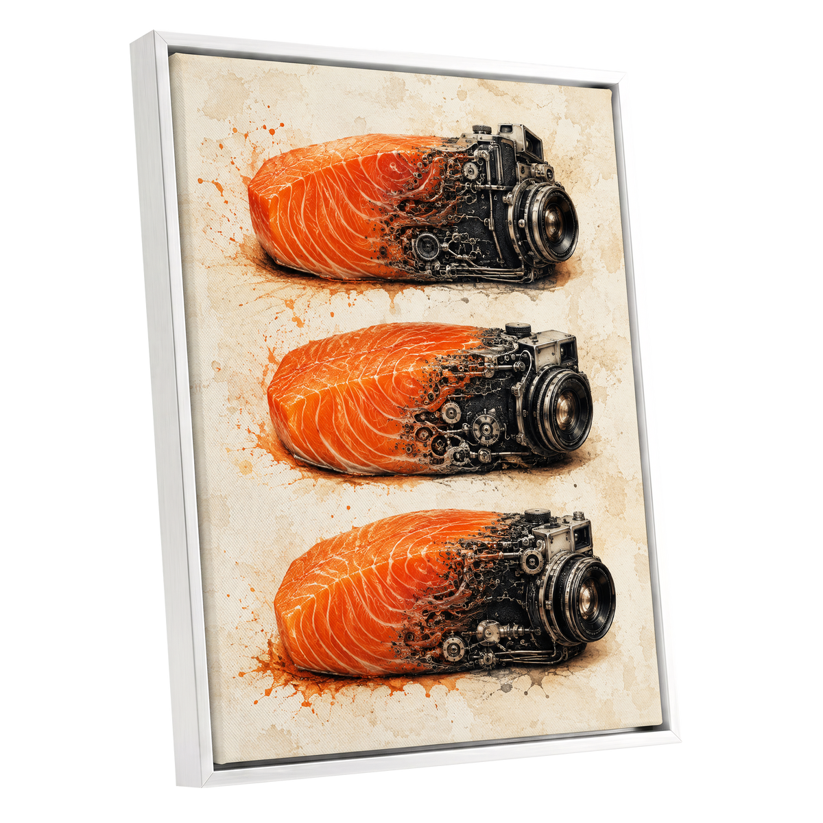 Salmon Shutter Trio, orange, black, beige abstract wall art shown as a white framed canvas wall art