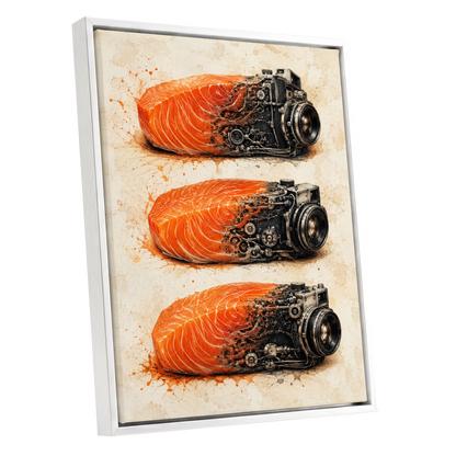 Salmon Shutter Trio, orange, black, beige abstract wall art shown as a white framed canvas wall art
