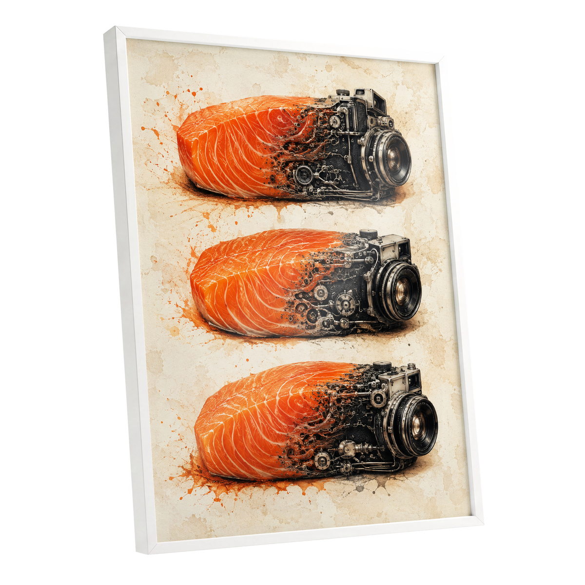 Salmon Shutter Trio, orange, black, beige abstract wall art shown as a white framed poster wall art print