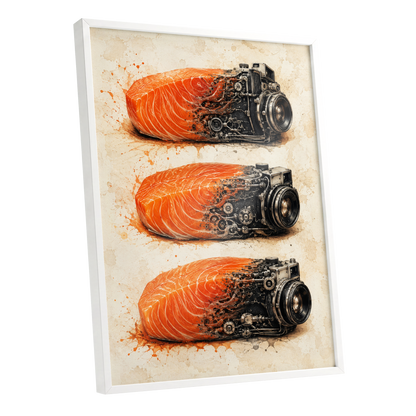 Salmon Shutter Trio, orange, black, beige abstract wall art shown as a white framed poster wall art print