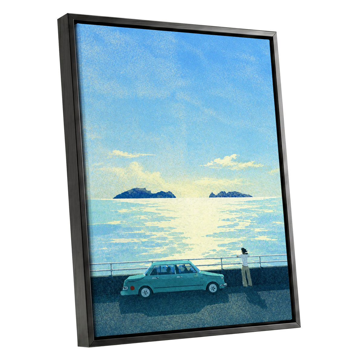 Saltwater Interlude, blue, green, yellow nature wall art shown as a black framed canvas wall art