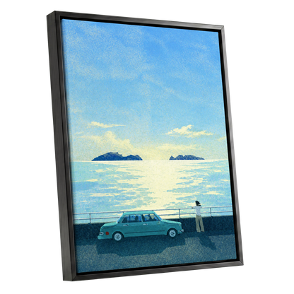 Saltwater Interlude, blue, green, yellow nature wall art shown as a black framed canvas wall art
