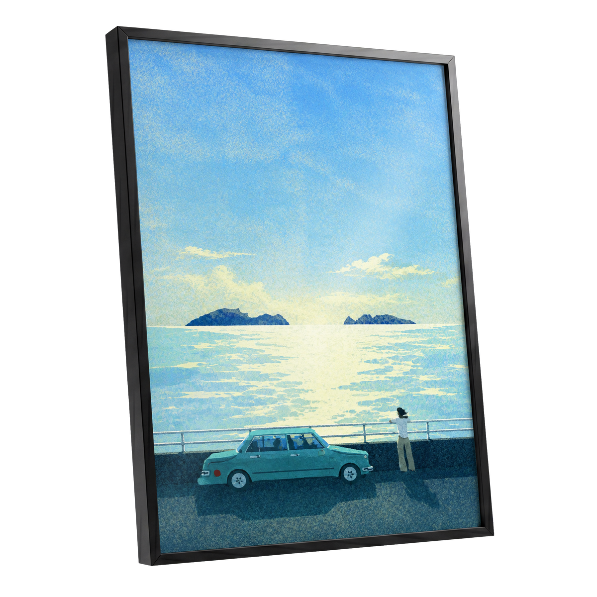 Saltwater Interlude, blue, green, yellow nature wall art shown as a black framed poster wall art print