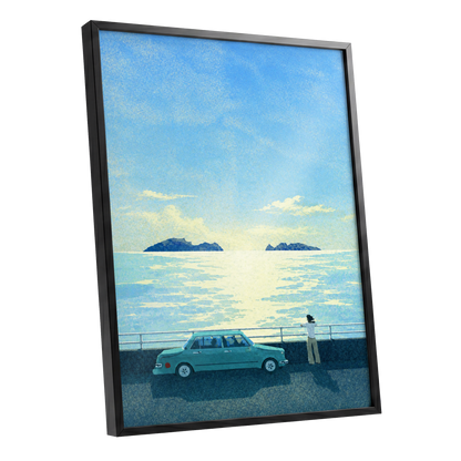 Saltwater Interlude, blue, green, yellow nature wall art shown as a black framed poster wall art print