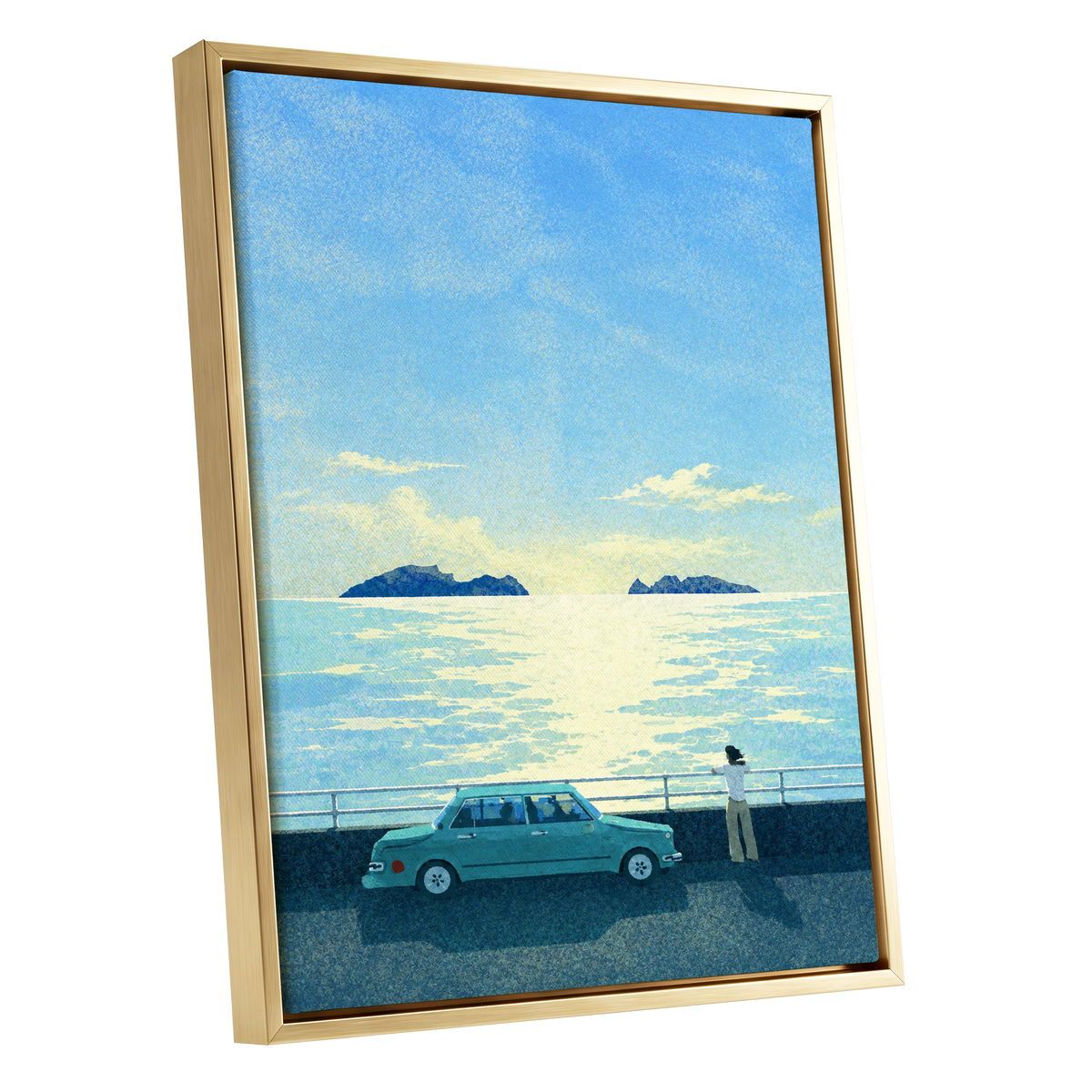 Saltwater Interlude, blue, green, yellow nature wall art shown as a gold framed canvas wall art