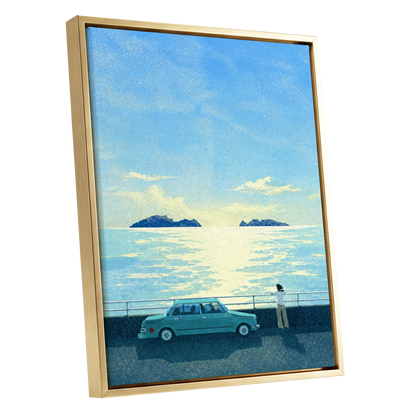 Saltwater Interlude, blue, green, yellow nature wall art shown as a gold framed canvas wall art
